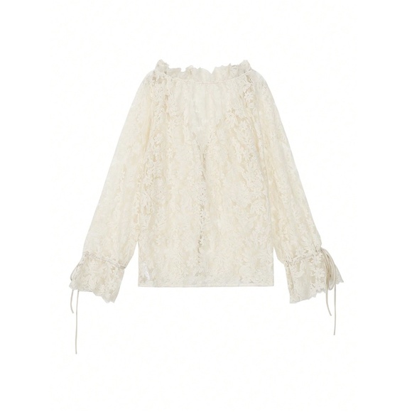 Guipure Lace on Mesh Cream V-Neck Floral Pattern Button Down Shirt - Picture 6 of 10